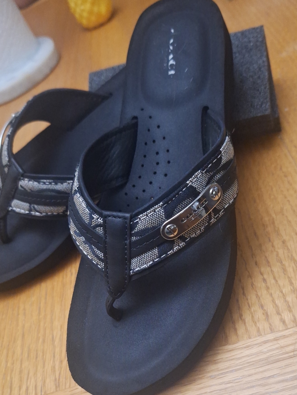 COACH Black and Silver Logo-Accent Thong Sandals